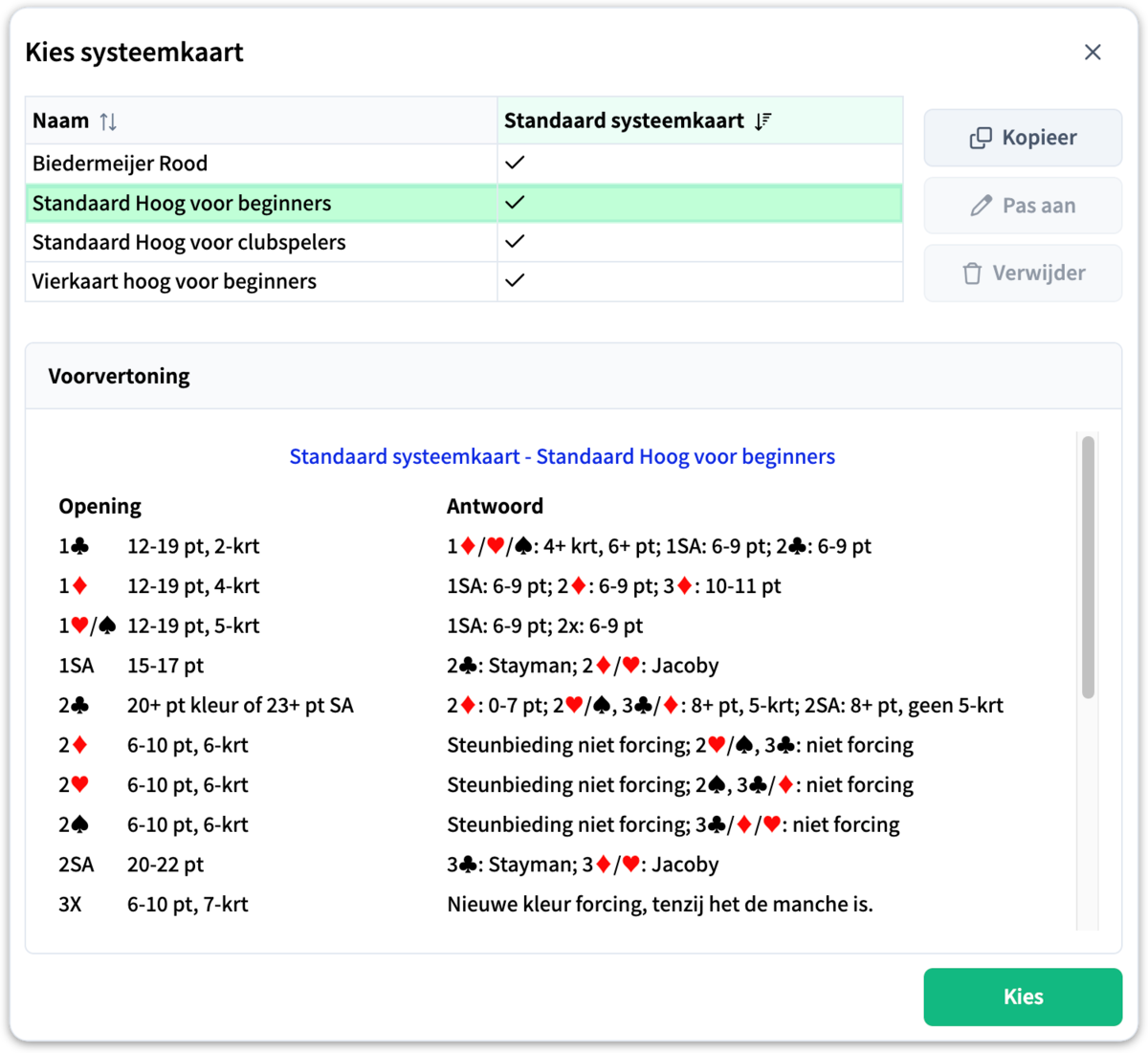 De systeemkaartdialoog